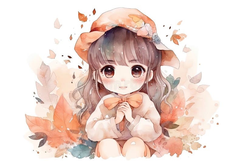 Cute Girl Anime Kawaii Watercolor Ilustration AI Generated Stock