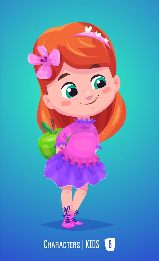 Cute girl with apple. Back to school illustration