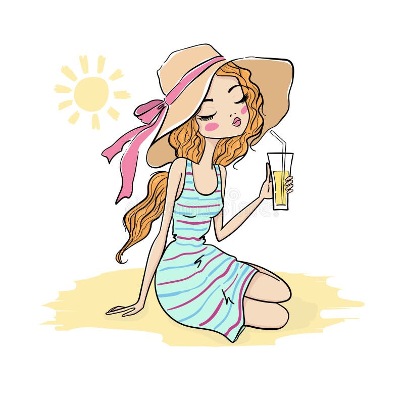 Cute Girl On The Beach Vector Illustration Stock Vector Illustration Of Stylish Dress 268127268