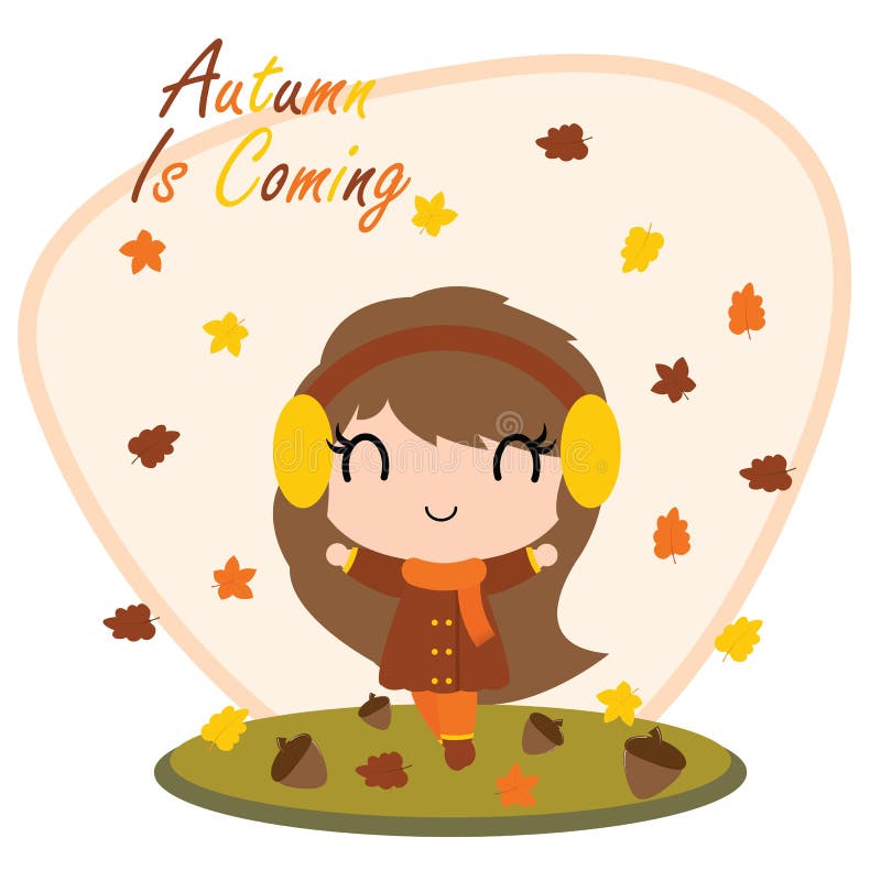 Cute girl behind maple leaves and Autumn is coming text cartoon illustration for thanksgiving`s day card design royalty free illustration Cute girl behind maple leaves and Autumn is coming text cartoon illustration for thanksgiving`s day card design royalty free illustration