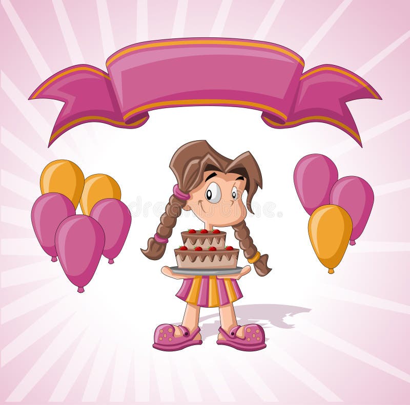 Cute girl with birthday cake, balloons and pink ribbon. Birthday party.