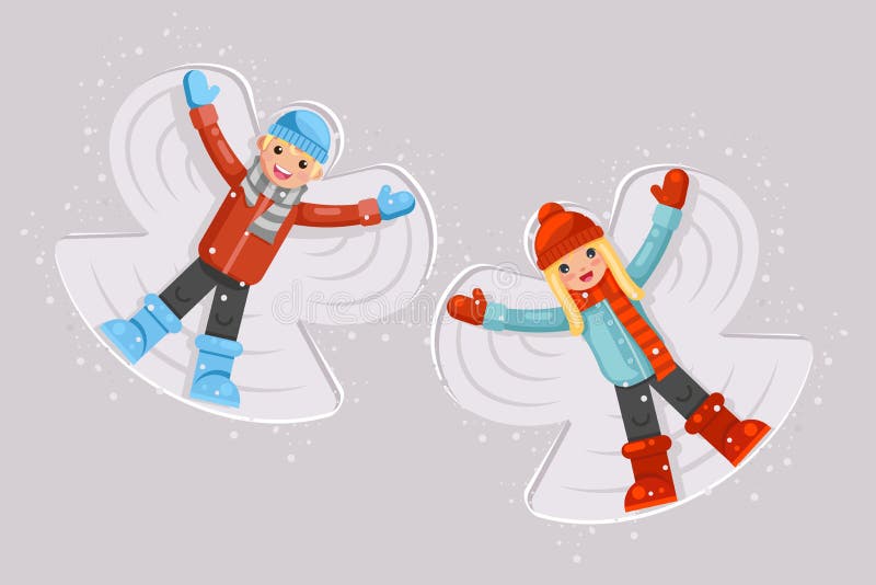 Cute girl boy making snow angel childhood game lying back moving arms and legs shape flat design vector illustration stock illustration Cute girl boy making snow angel childhood game lying back moving arms and legs shape flat design vector illustration stock illustration