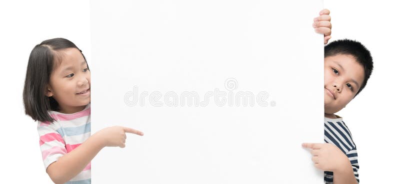 Cute girl and boy pointing on white banner board isolated