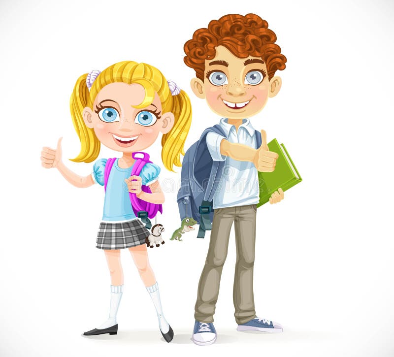 Cute girl and boy students with a backpacks isolated on a white background