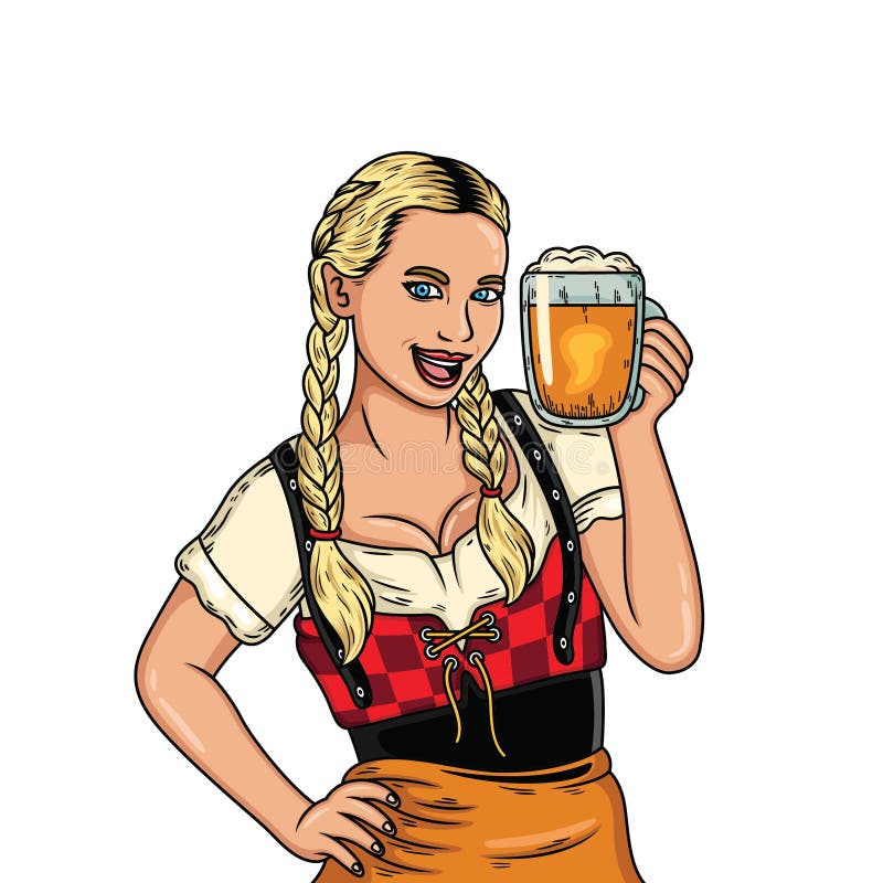 Cute Girl Cartoon Holding Beer Mug with Traditional Dress with Cute ...