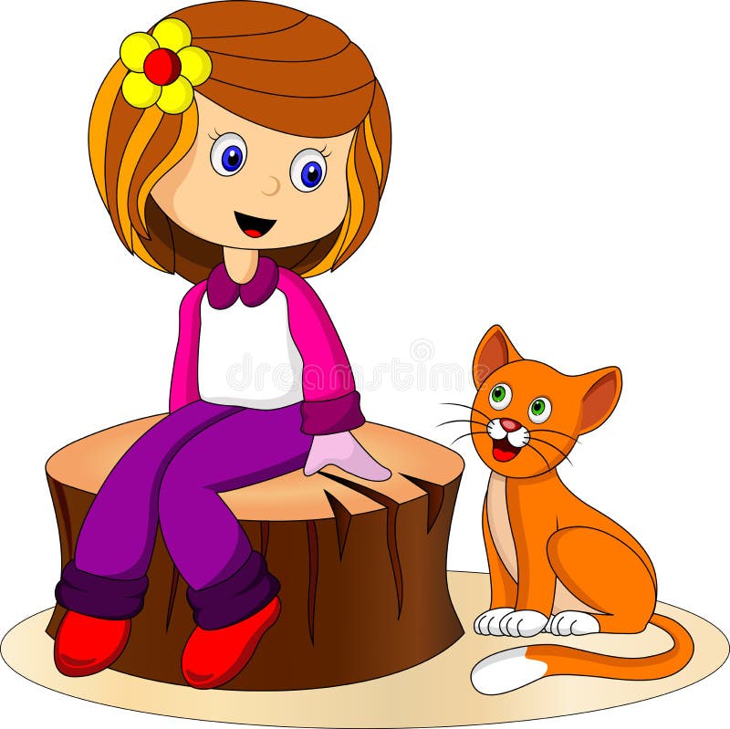 Cute girl and cat stock illustration. Illustration of pink 34337419
