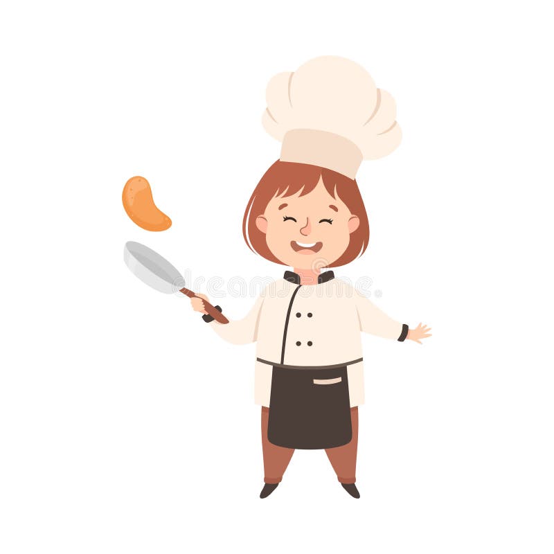 Cute Girl Chef Cook Tossing Pancake on Frying Pan, Kid in Chef Uniform  Cooking in Kitchen Cartoon Style Vector Stock Vector - Illustration of  cute, little: 199326655