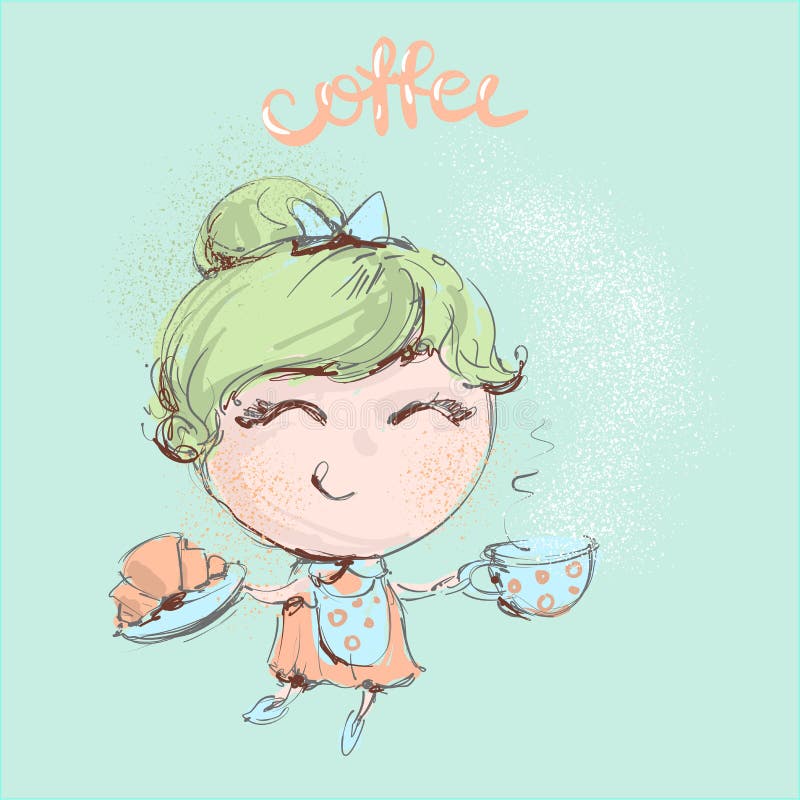 Cute girl with coffee and croissant. Caption - Coffee and croissant is always a good idea vector illustration Cute girl with coffee and croissant. Caption - Coffee and croissant is always a good idea vector illustration