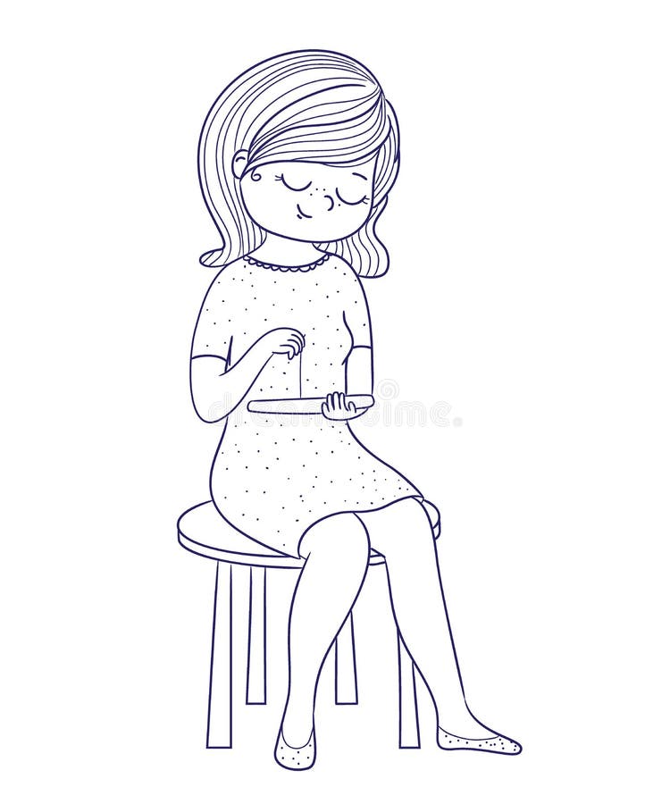 Cute girl for coloring book.girl sits on a chair and embroiders. Line art design.Isolated on white background.Vector illustration