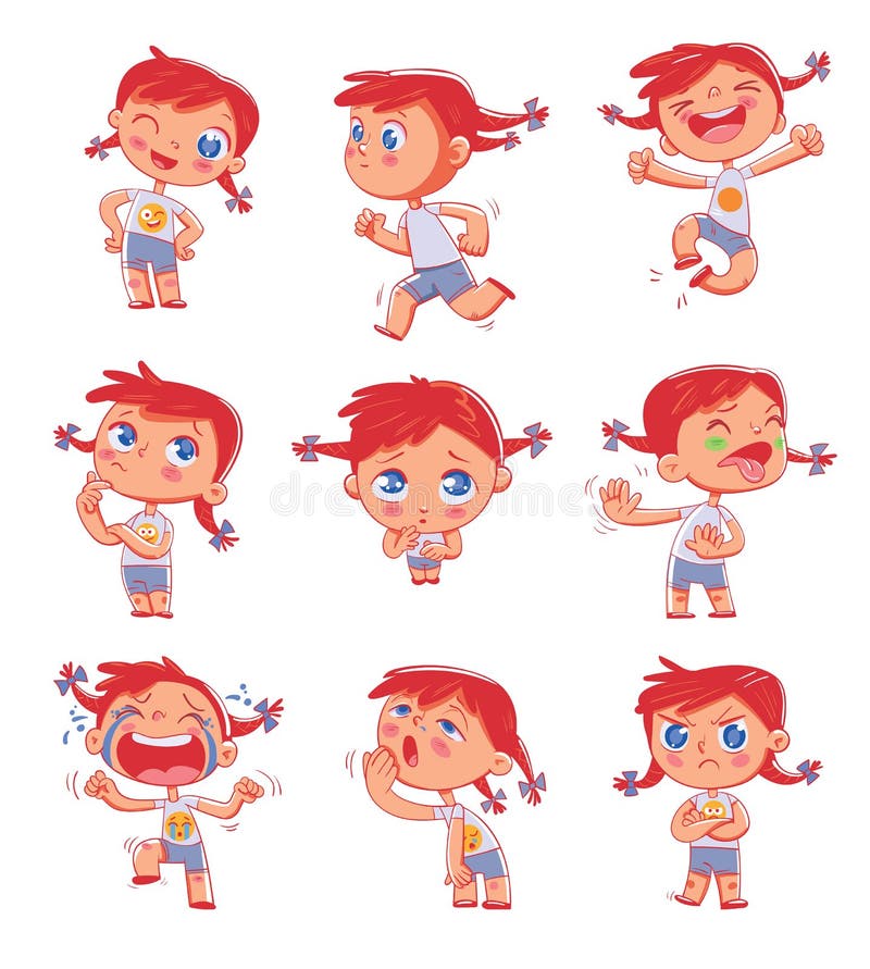 Cute red-headed pigtailed girl with different emotions. Emoji Stickers Emotions. Funny cartoon colorful character. Set Stickers for online communication, networking, social media chat, mobile message. Cute red-headed pigtailed girl with different emotions. Emoji Stickers Emotions. Funny cartoon colorful character. Set Stickers for online communication, networking, social media chat, mobile message