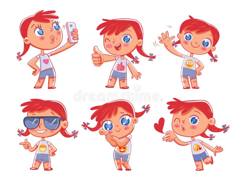 Cute redhead pigtailed girl with different emotions. Emoji Stickers Emotions. Funny cartoon colorful character. Set. Isolated on white background. Vector illustration. Cute redhead pigtailed girl with different emotions. Emoji Stickers Emotions. Funny cartoon colorful character. Set. Isolated on white background. Vector illustration
