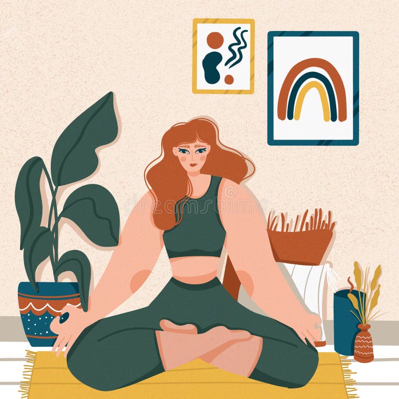 Cute girl doing yoga poses. Lifestyle by young woman in home interior with homeplants. Fashion illustration by femininity, beauty royalty free illustration Cute girl doing yoga poses. Lifestyle by young woman in home interior with homeplants. Fashion illustration by femininity, beauty royalty free illustration