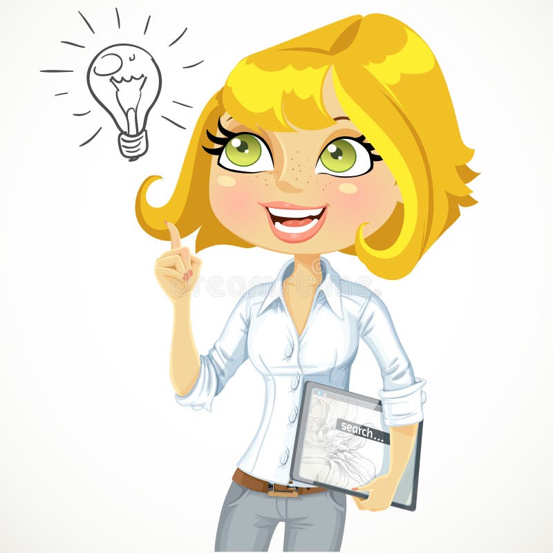 Cute girl with a electronic tablet idea inspiration stock illustration