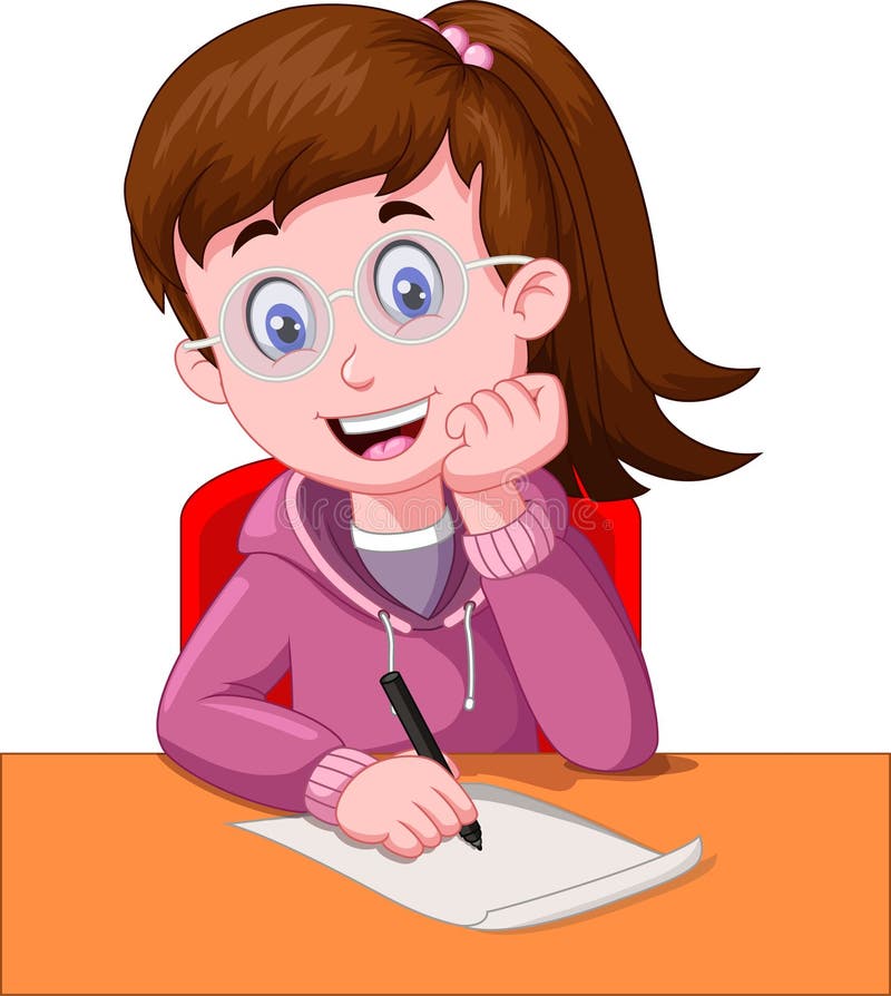 Cute Girl with Eyeglasses Writing in a Paper with a Black Pen Cartoon Stock  Illustration - Illustration of mascot, cartoon: 177892549