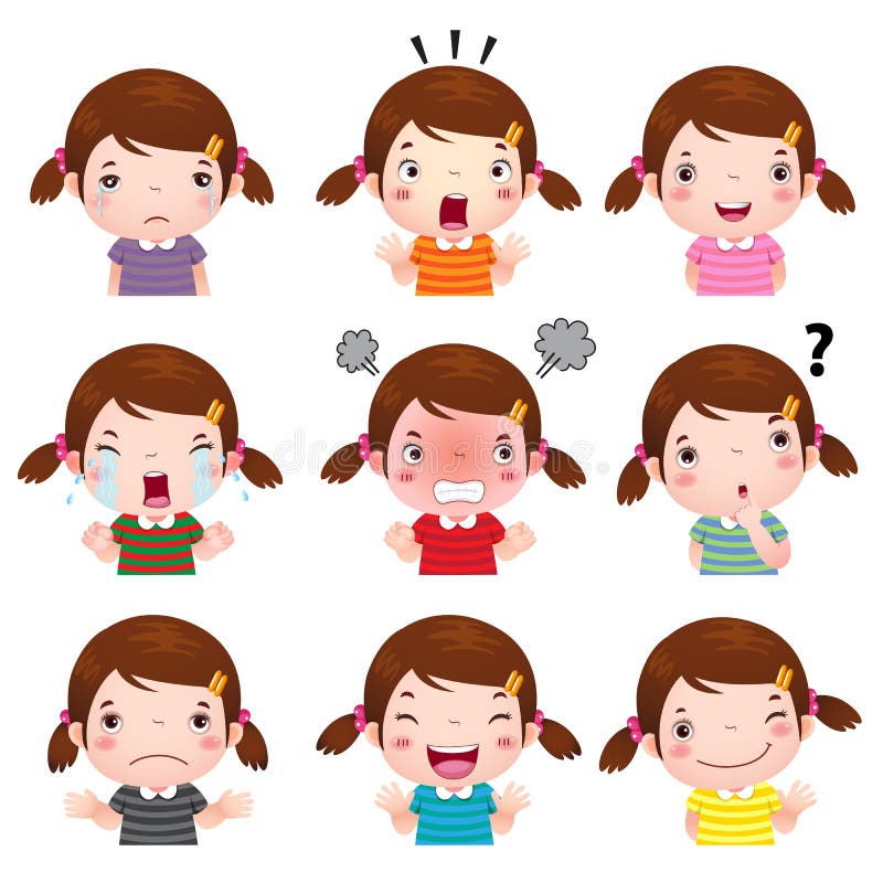 Illustration of cute girl faces showing different emotions