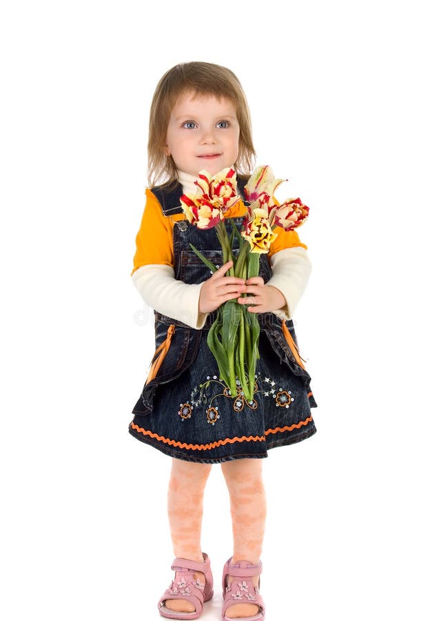 Cute girl giving tulips