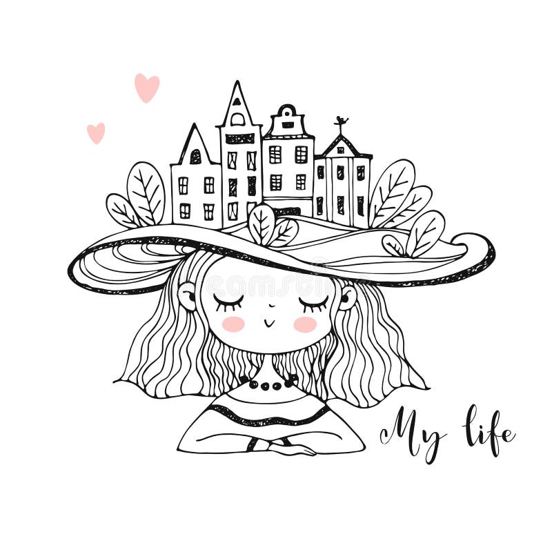 Cute girl in a hat with houses on her head. Coloring. Vector royalty free illustration
