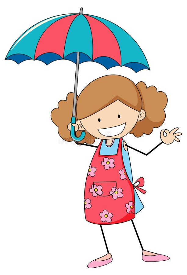 Cute Girl Holding Umbrella Doodle Cartoon Character Isolated Stock ...