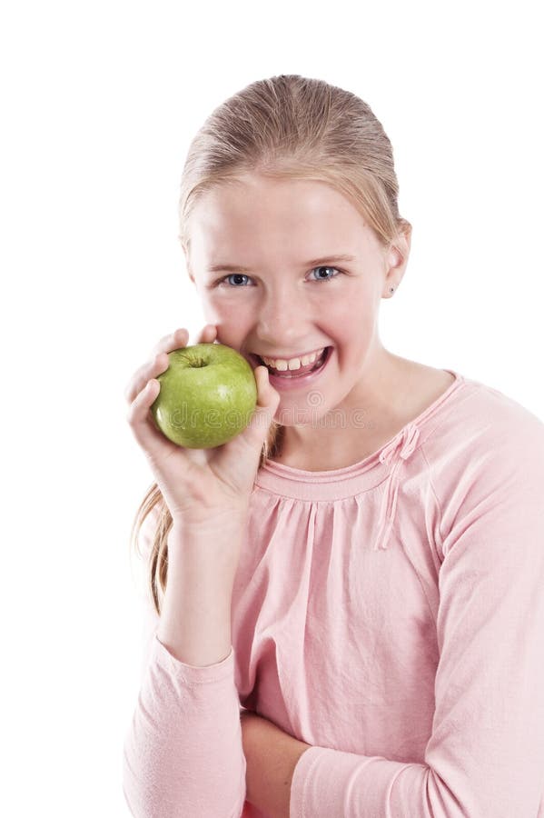 Girl with green apple, fun smile