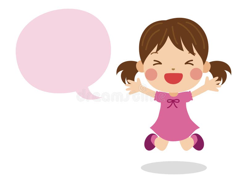 Cute girl jumping with her eyes closed, with a speech bubble