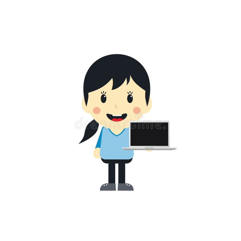 Cute Girl with Laptop Cartoon Character Stock Vector - Illustration of
