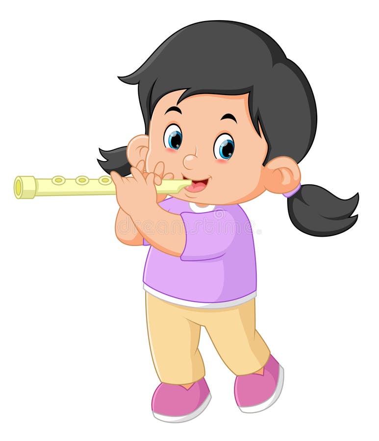 A Cute Girl is Learning the Flute Instrument Stock Vector