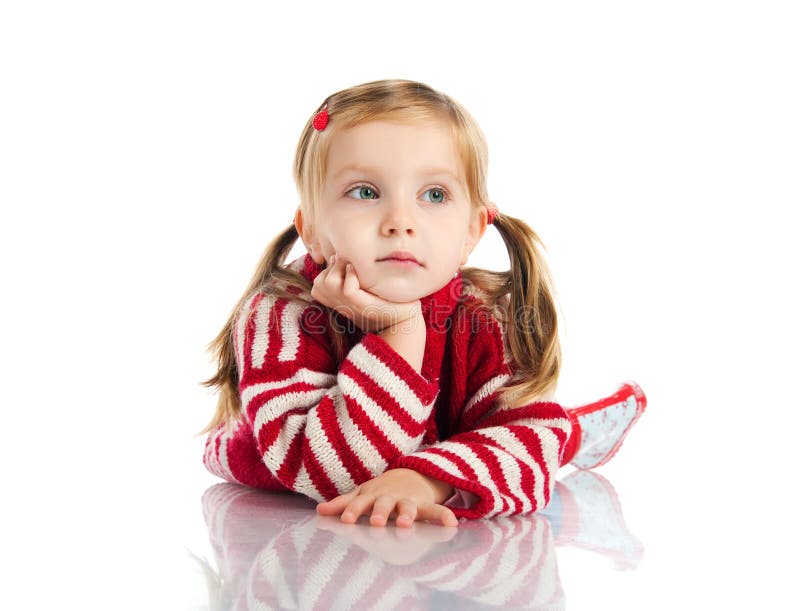 Cute girl lie on sweater and gumboots