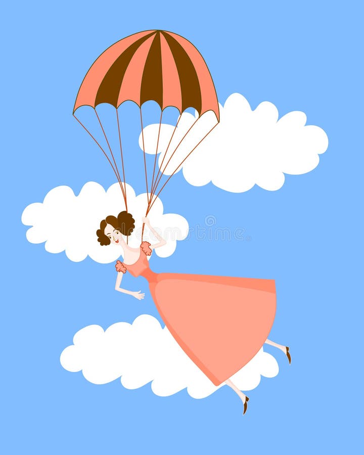 Cute girl in a pink dress flying on a parachute. 