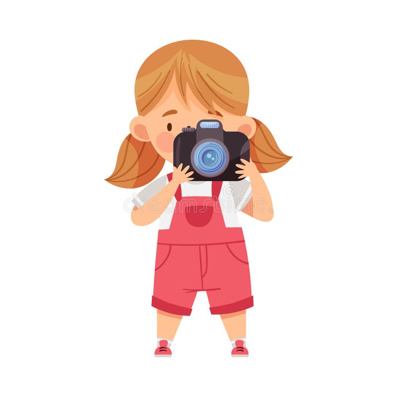 Cute Girl with Ponytails Holding Camera and Taking Photo Vector ...