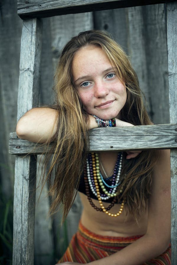 Hippie Girl Voting Near the Country Road. Hitchhiking. Stock Photo ...