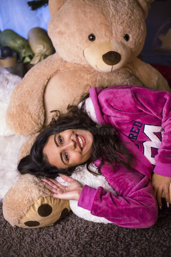 Cute Girl Posing with Teddy Bear Stock Image - Image of happy
