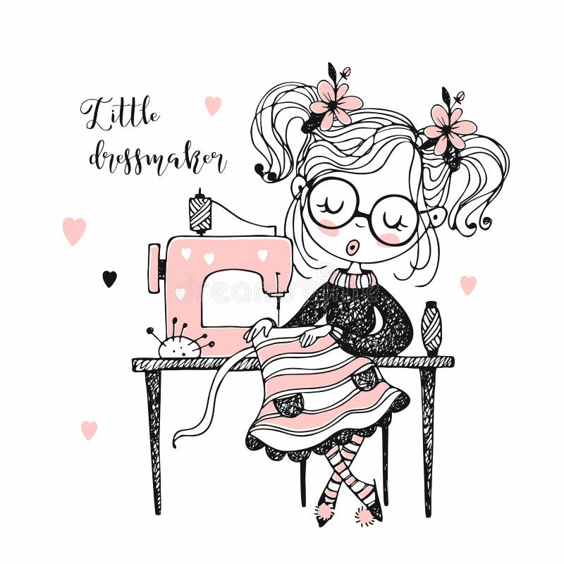 Cute girl seamstress sews on a sewing machine dress. Doodle style. Vector