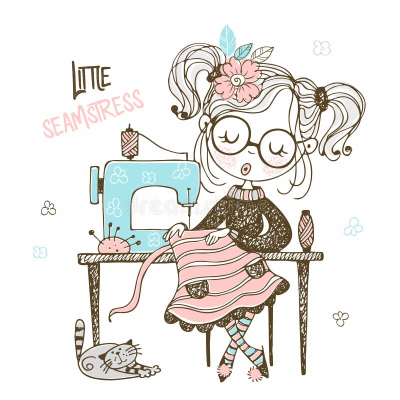 Cute girl seamstress sews on a sewing machine dress. Doodle style. Vector