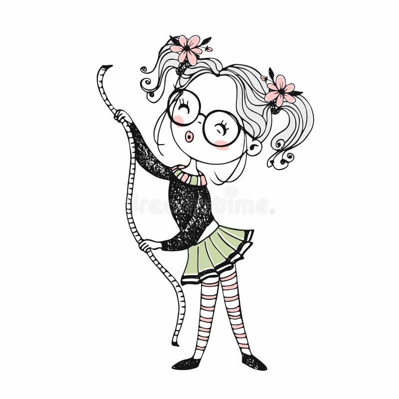 Cute girl seamstress sews on a sewing machine dress. Doodle style. Vector