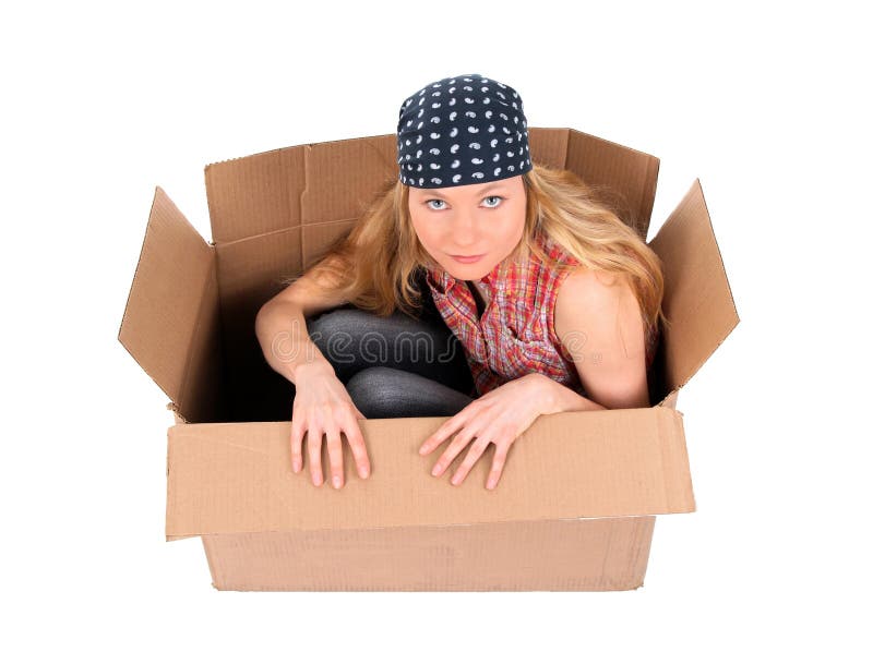 Cute Girl Sitting in a Cardboard Box Stock Photo Image of holding