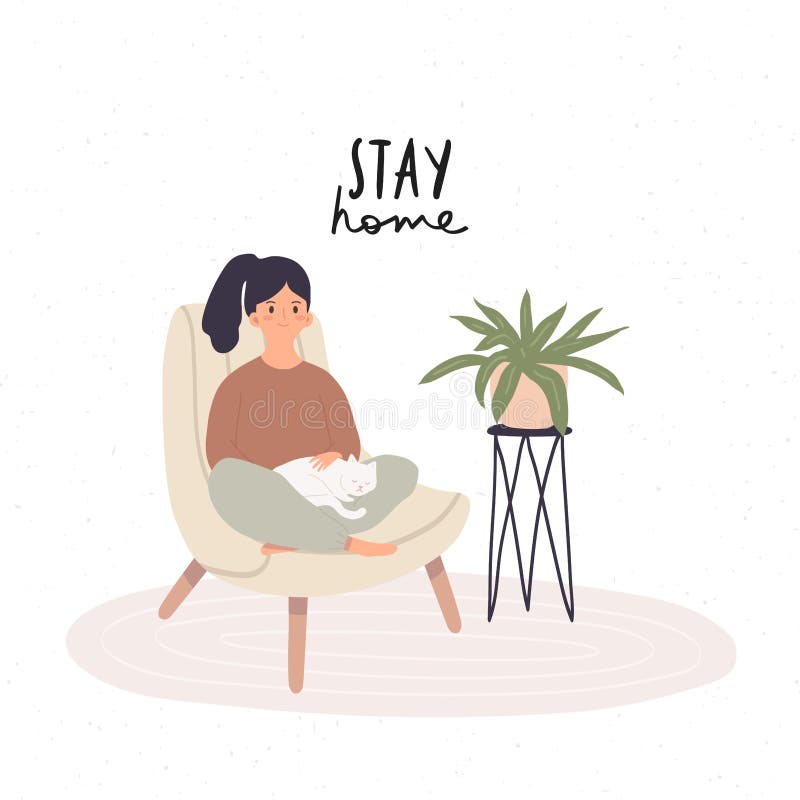 Cute girl sitting in comfy armchair with white cat and plants. Cozy living place illustration. Flat cartoon girl illustration with stay home concept