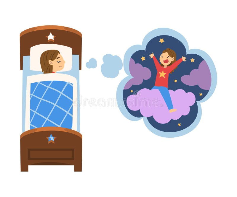 Cute Girl Sleeping in Bed and Dreaming about Girl Riding Cloud, Kid ...