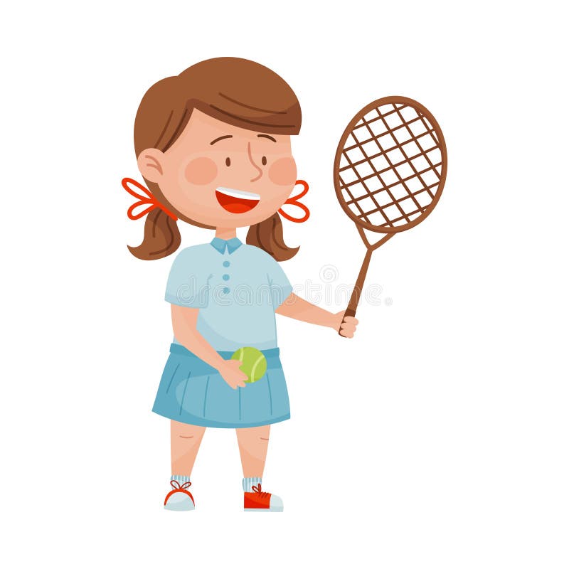 Cute Girl in Sportswear Holding Tennis Racket and Ball Vector Illustration