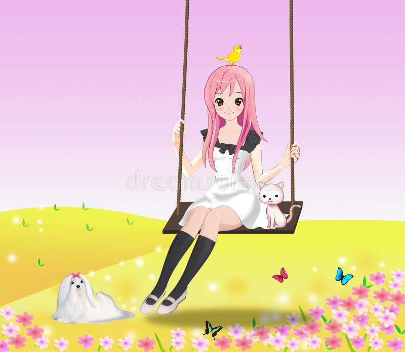 Cute girl on the swing stock illustration. Illustration of flora - 24102184