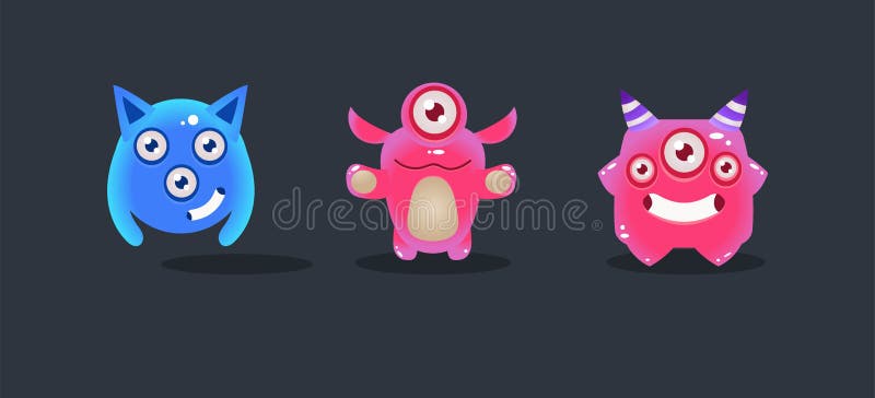Cute glossy monsters, cartoon colorful aliens, game user interface element for video computer games vector Illustration stock illustration