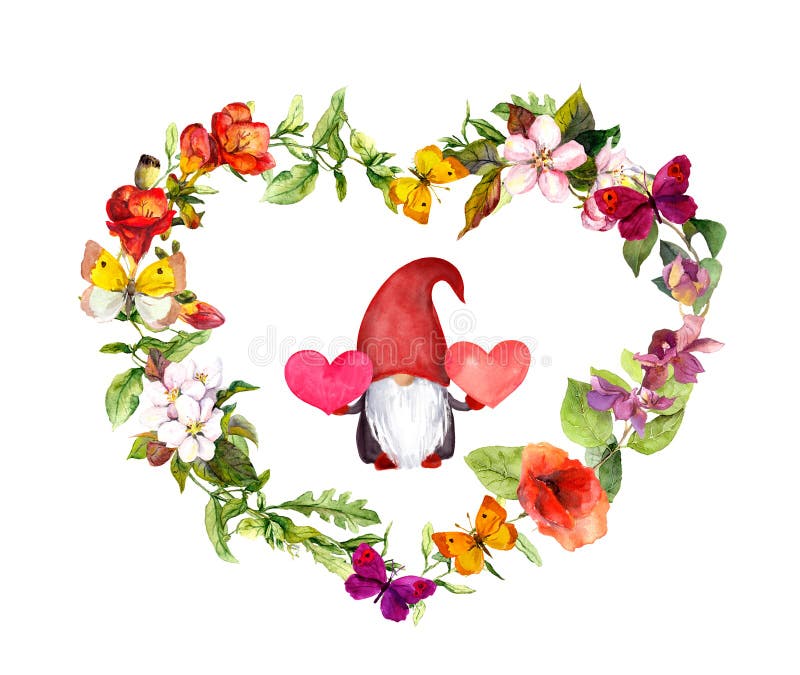 Cute gnome, hearts in hands in heart shape floral frame. Watercolor meadow flowers for wedding, love design, floral save