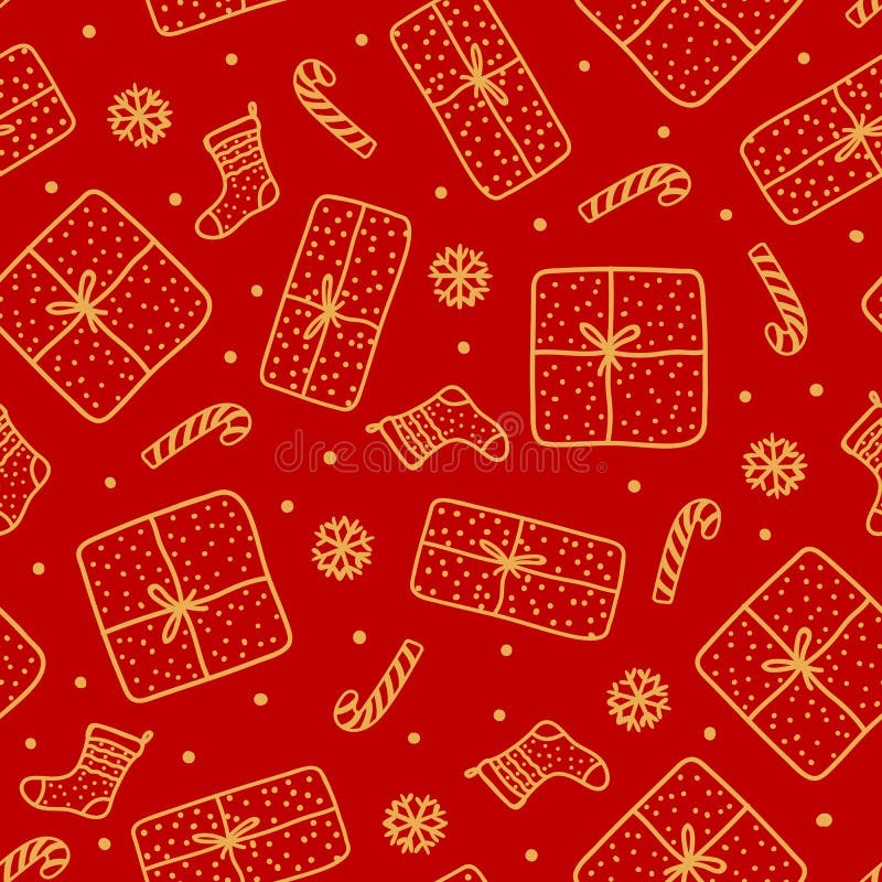 Cute gold Christmas seamless pattern. Handdrawn Gift box, santa sock, candy cane isolated on red background Design texture holiday