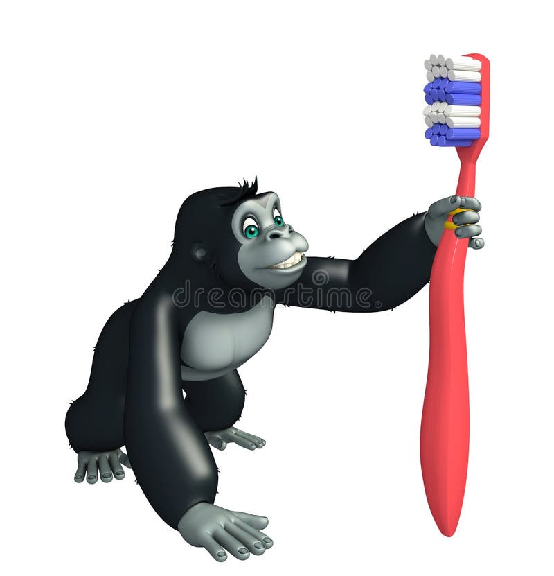 Cute Gorilla Cartoon Character with Tooth Brush Stock Illustration
