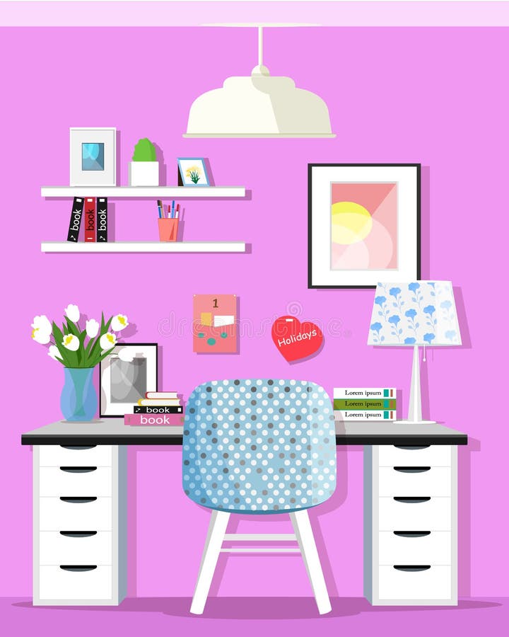 Cute Graphic Home Office Room Interior with Desk and Chair. Flat Style.  Stock Vector - Illustration of icon, floor: 74665596