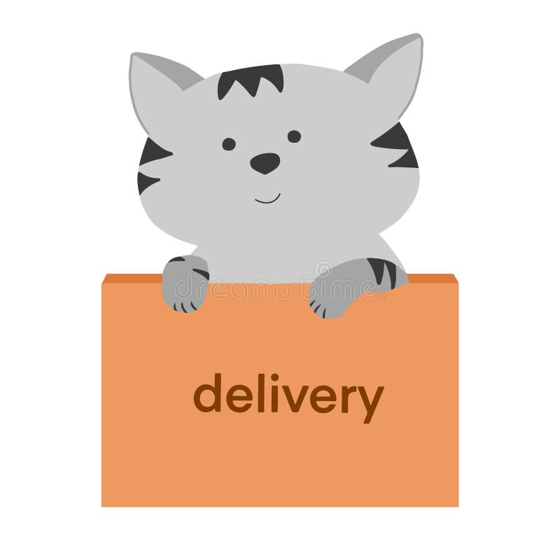 Cute Grey Cat in the Delivery Box. Vector Isolated Elements Stock