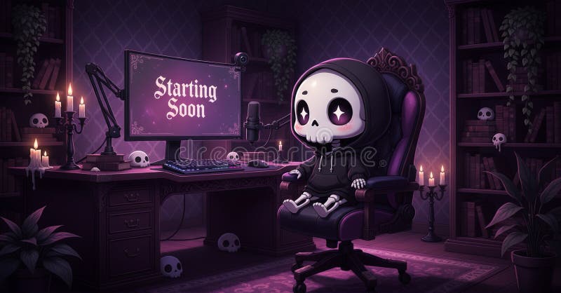 Cute grim reaper character at a gothic-themed streaming setup with 'Starting Soon' screen, ready for online content. vector illustration