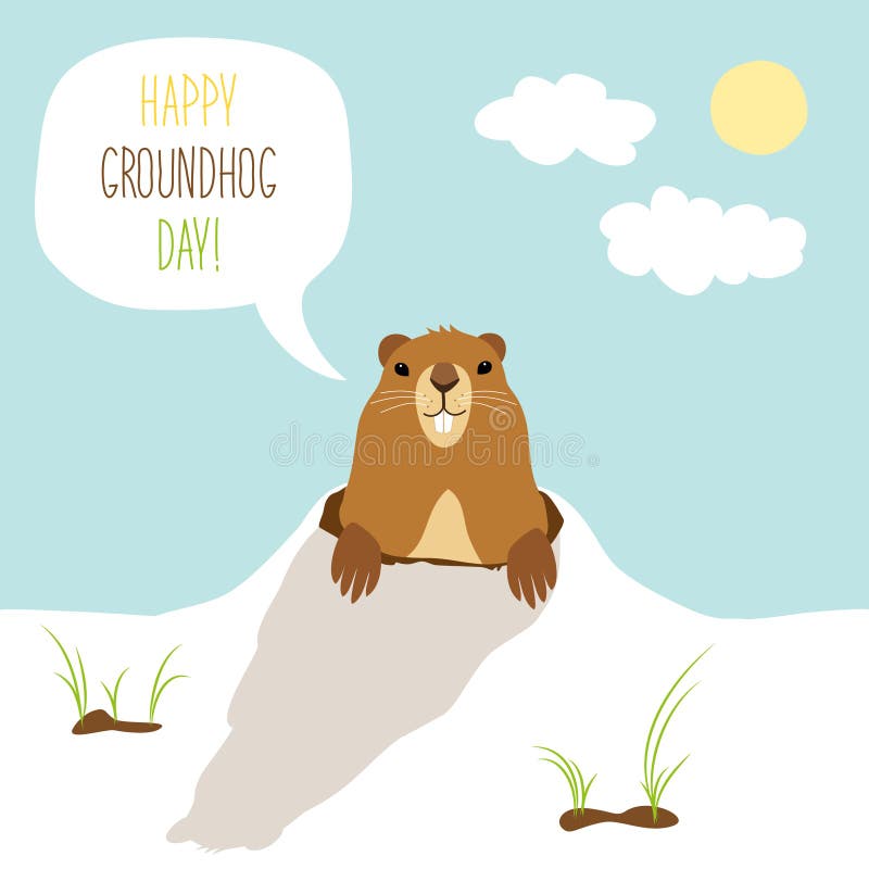 Cute Groundhog Day card as funny cartoon character of marmot with speech bubble and hand written text