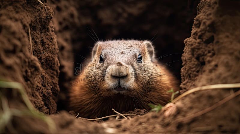 Cute Groundhog Peeking Out of Burrow Hole: The Perfect Groundhog Day Social Media Banner: Generative AI