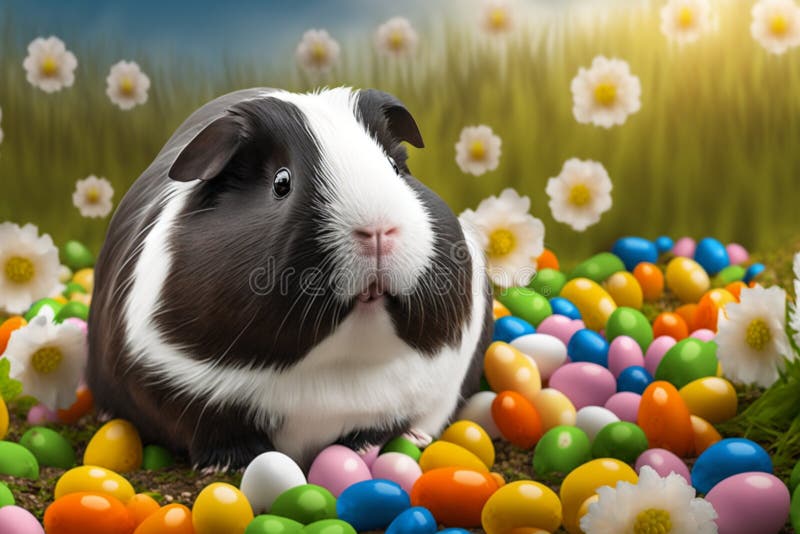 Cute Guinea Pig is Sitting between Many Easter Eggs Stock Photo Image