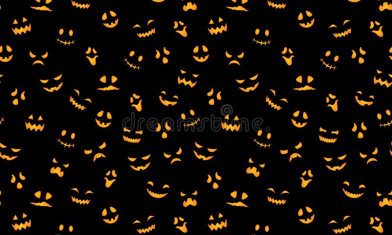 Cute Halloween pattern horizontal background. Vector pumpkin carved scary faces texture, funny smiling ghost masks vector illustration